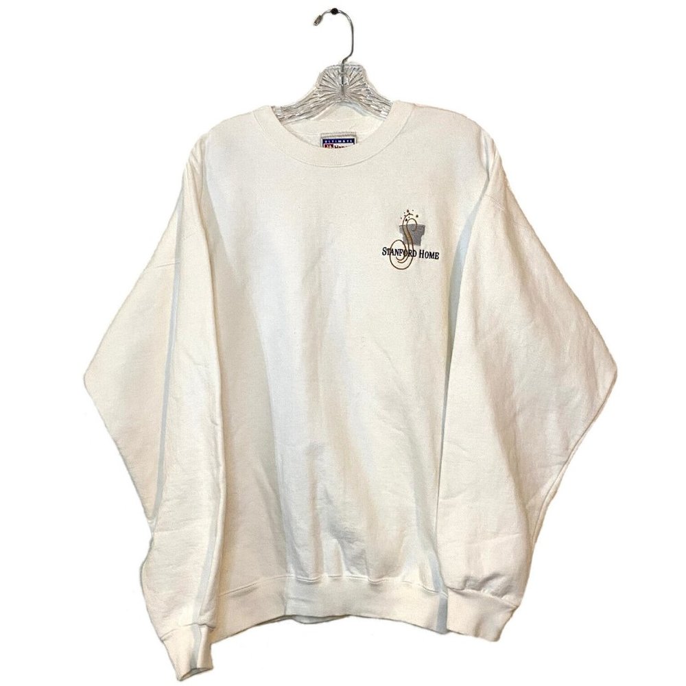 RARE Vintage 90s Hanes Ultimate Cotton Men's L White Crew Sweatshirt Printed GUC